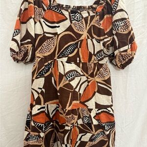 Mille Gabrielle Boho Abstract Cotton Mini Dress Puff Sleeve Earth Tone XL EUC